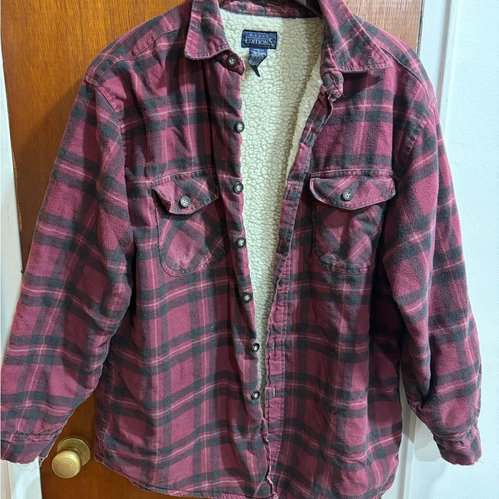 Basic Editions Burgundy Plaid Sherpa-Lined Shirt